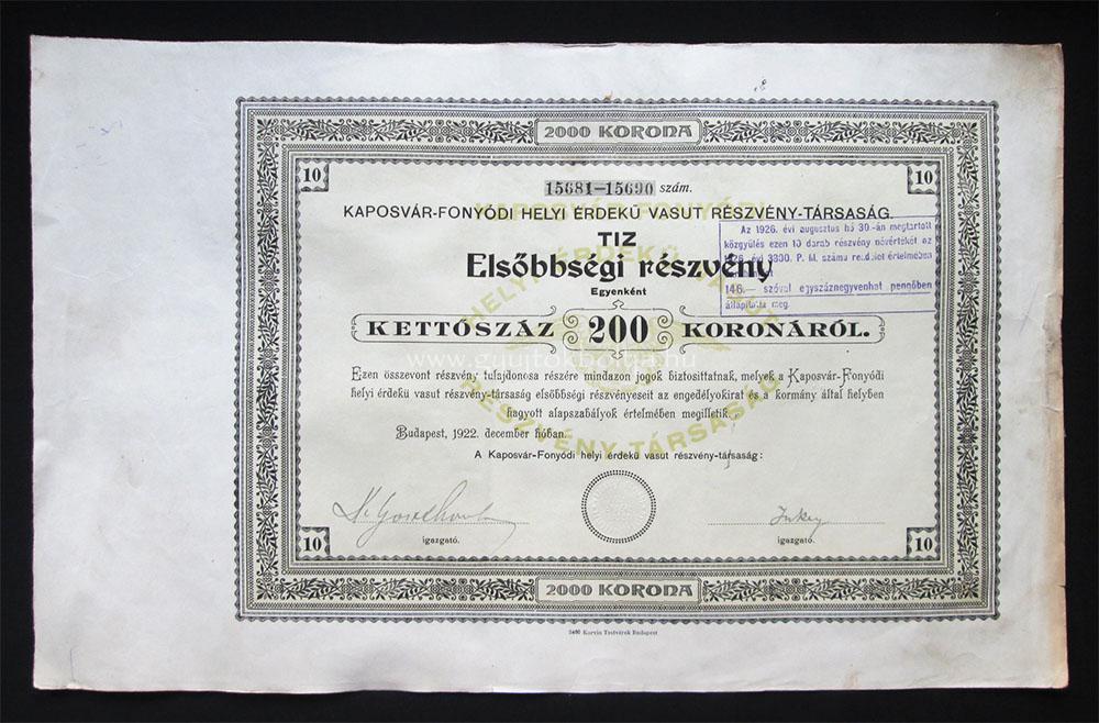 Kaposv�r-Fony�di H�V els�bbs�gi r�szv�ny 10x200 korona 1922
